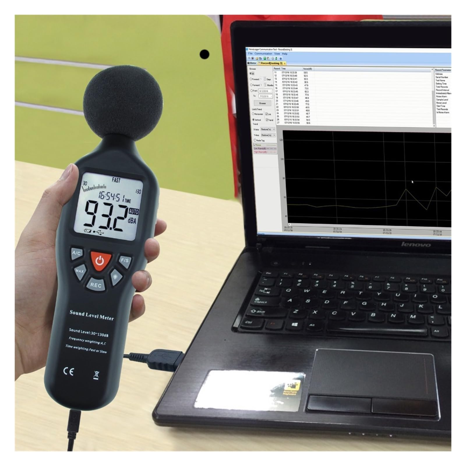 Fonometro Digitale Fonometro Professionale con Funzione di Registrazione Dati Misurazione ad Alta precisione 30dB-130dB Display retroilluminato Compatto Tester del Livello di Rumore Decibel