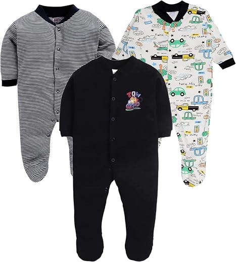 EIO 100% Cotton Baby Rompers Sleepsuits Jumpsuits Night Suits for Newborn Baby Boys & Girls | Soft Infant Bodysuit | Pack of 3 Kids Rompers