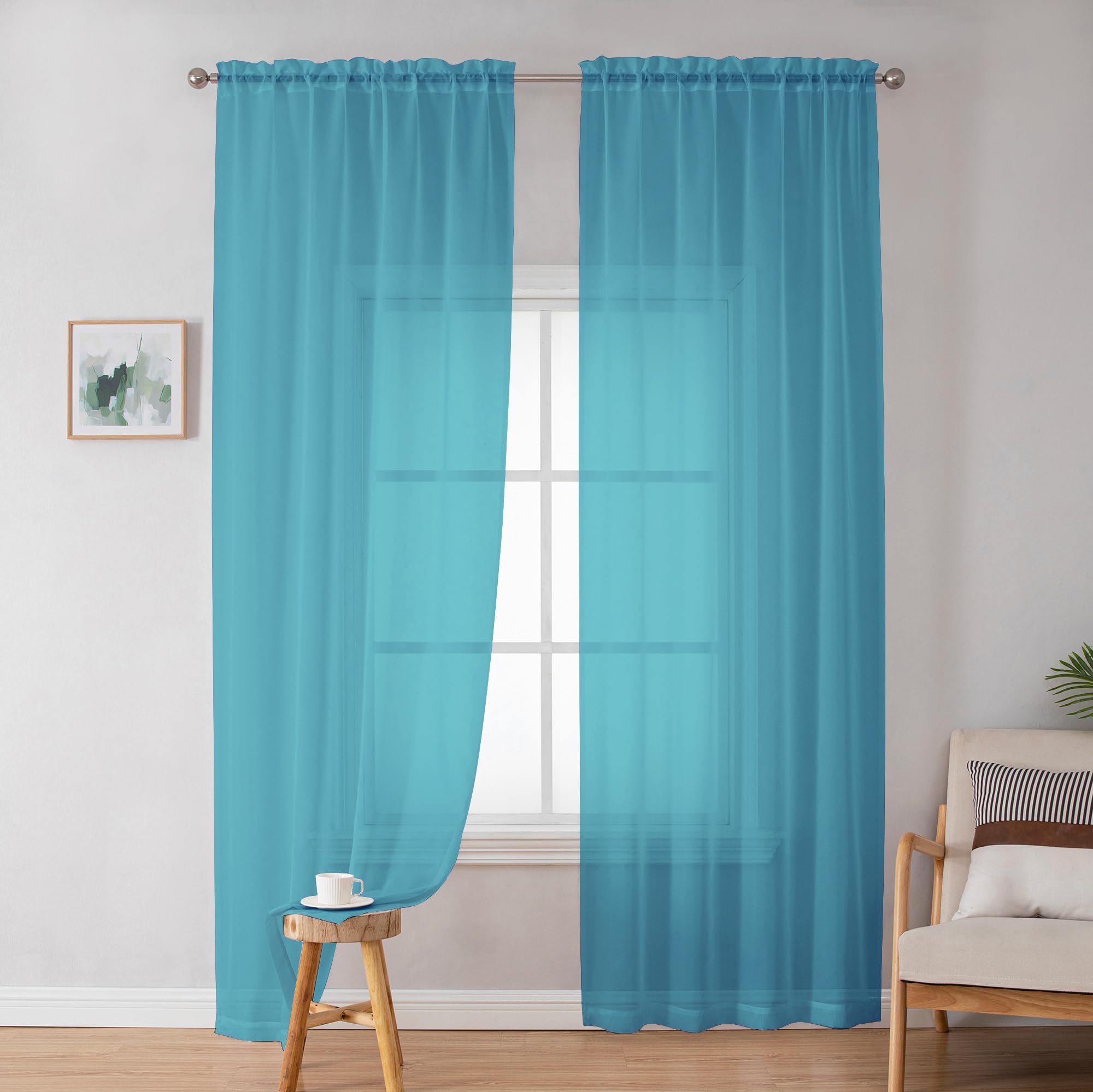 Simplebrand Turquoise Sheer Curtains 72 Inches Long 2 Panels for Living Room, Rod Pockets Airy Window Treatments Voile Sheer Curtains Panels
