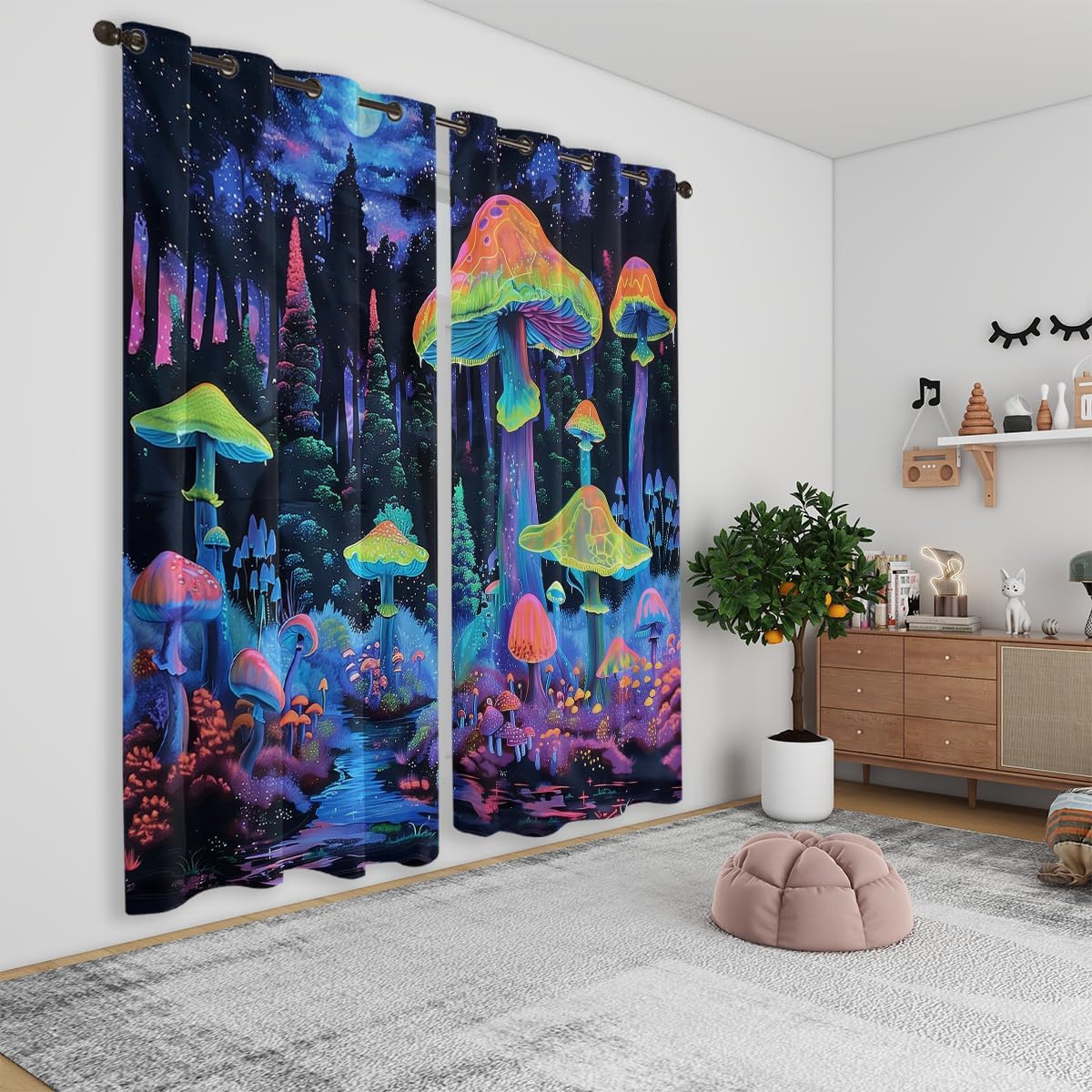 Trippy Mushroom Blackout Curtains for Girls Boys Kids Home Decor, Hippie Visionary Psychedelic Forest Grommet Thermal Insulated Drapes Darkening Window Curtain for Bedroom Living Room, 72 x 63 Inch