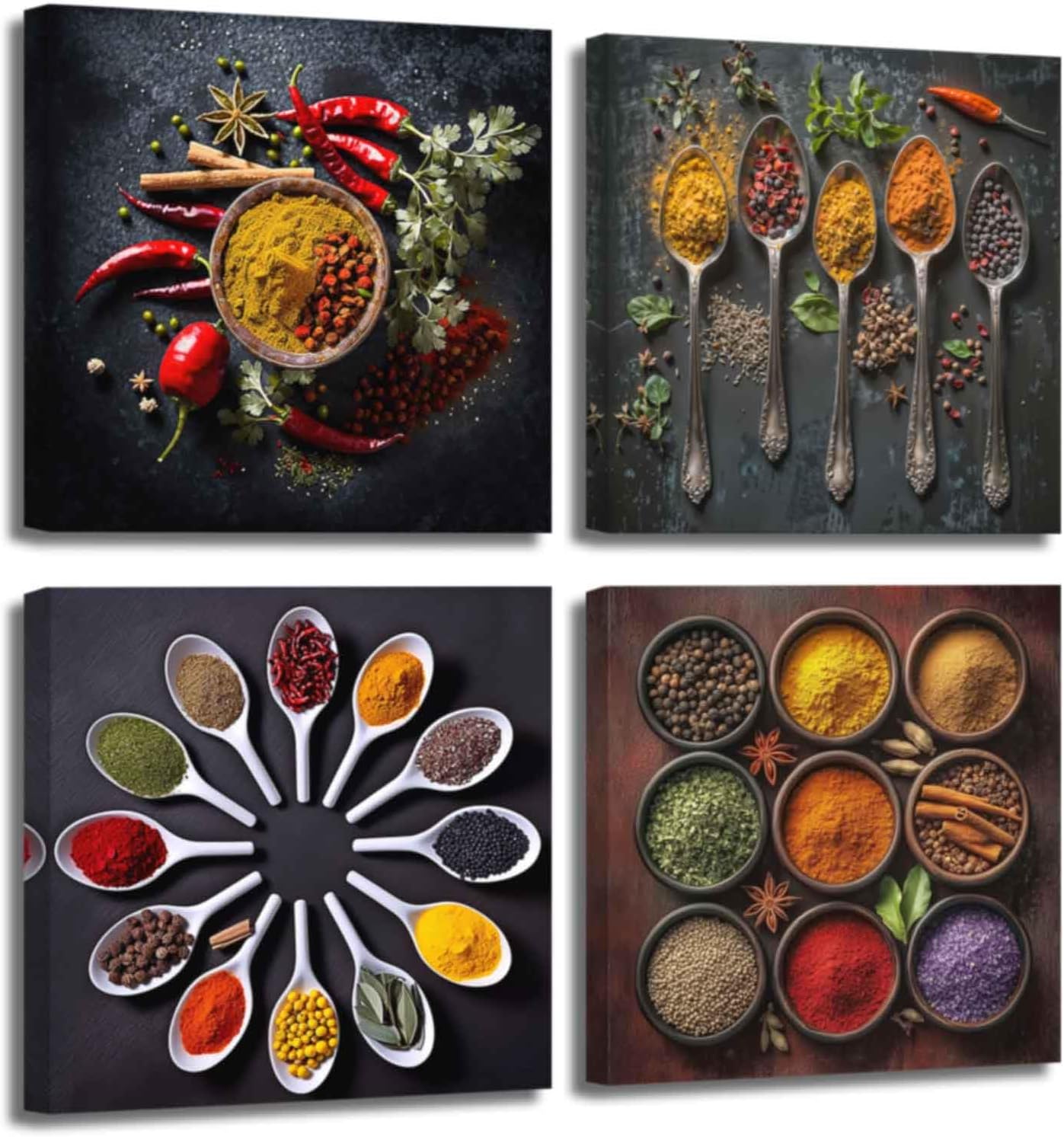 ZSHARTSWD Kitchen Canvas Wall Art 4 Piece Spices Seasonings Spoons Picture Colorful Spice Poster Prints Food Still Life Painting for Dining Room Decor Framed (Red, 12.00" x 12.00" x 4PCS)