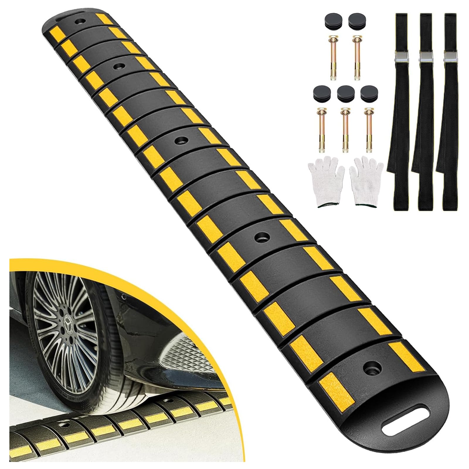 CXRCYRubber Speed Bump, 6.4FT Portable Speed Bumps, Heavy Duty Speed Bump for Driveway Asphalt Vehicle Traffic Road Concrete Garage Gravel Roads with 5 Bolts & 3 Straps (79.9 x 9 x 1.77 Inch)