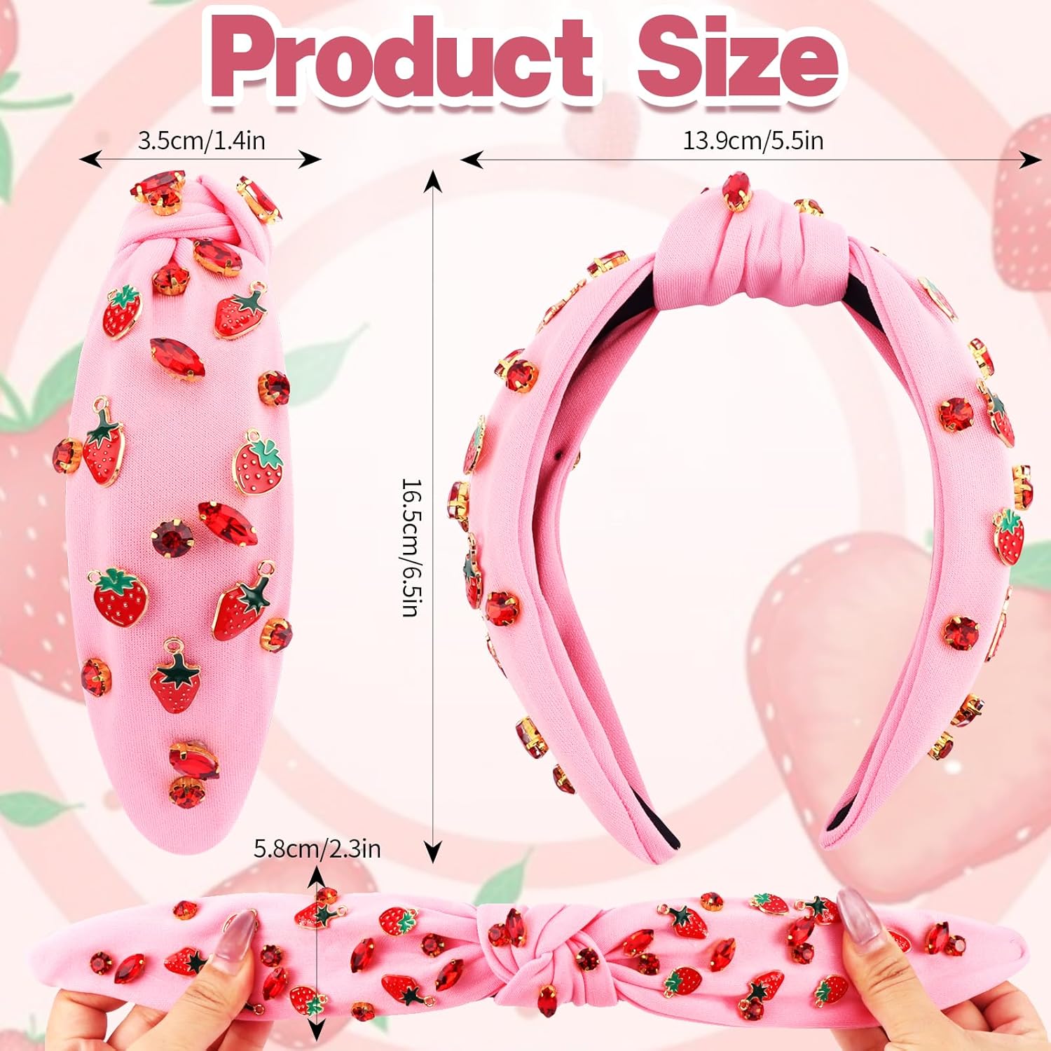 Pink Strawberry Rhinestone Jeweled Knotted Headbands for Women Girls, Fashion Cute Fruit Hair Accessories Gift for Girls - Image 2
