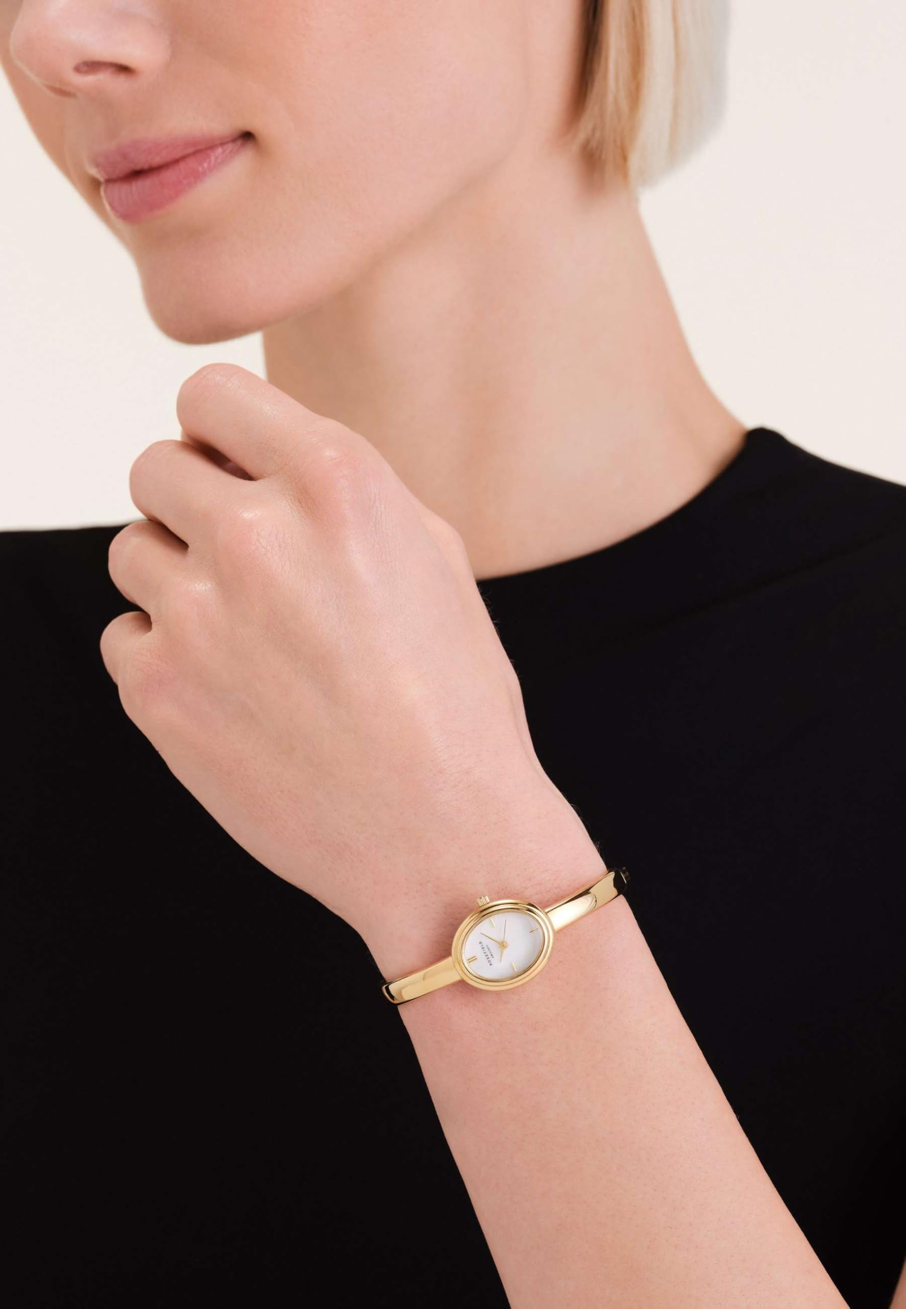 Rosefield Bangle Zegarek Damski Biała Tarcza z Masą Perłową Stalowa Bransoleta Pozłacana 23K 19.5x23.5 mm