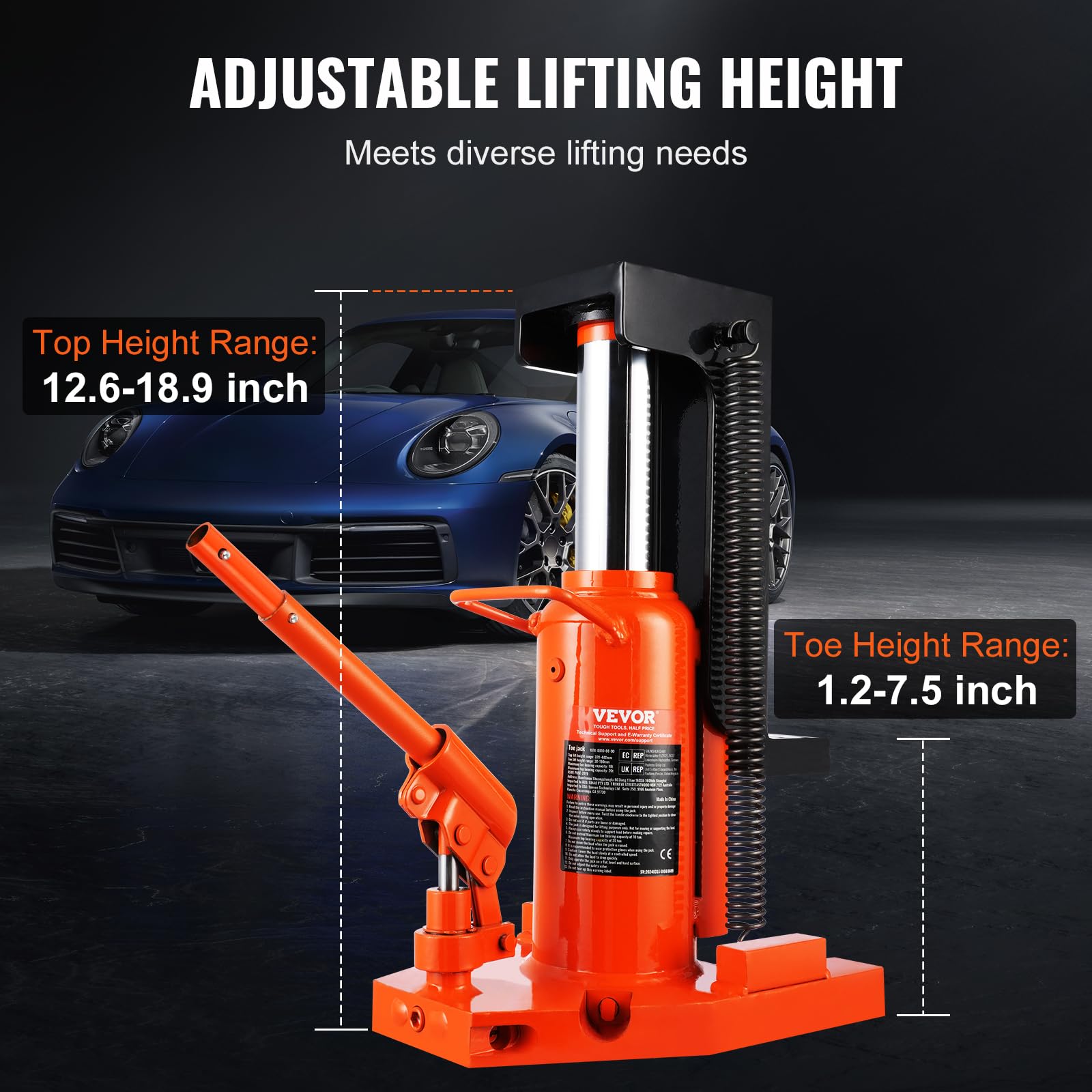 VEVOR Cric Idraulico con Punta 297 x 210 x 315 mm Cric per Martinetto Idraulico, Sollevatore 10 Tonnellate sulla Punta, 20 Tonnellate con Capacità di Sollevamento Superiore, per Macchinari, Industria