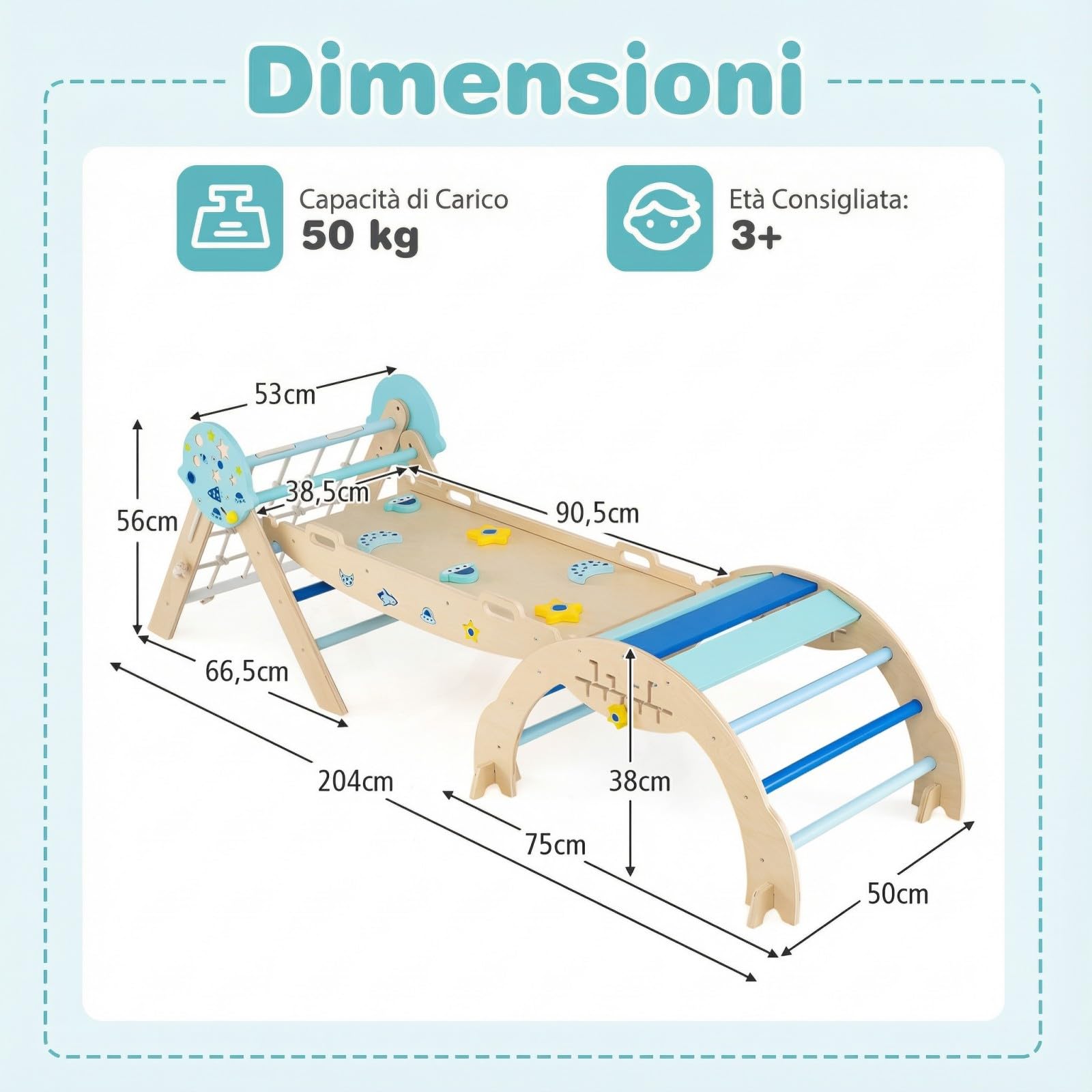 RELAX4LIFE Set da Arrampicata per Bambini, Triangolo di Arrampicata con Scivolo e Arco, Gioco di Incastri in Legno, Gioco Montessori per Bambini 1+ Anni (Astronauta con Rete-3 Pezzi | Blu)