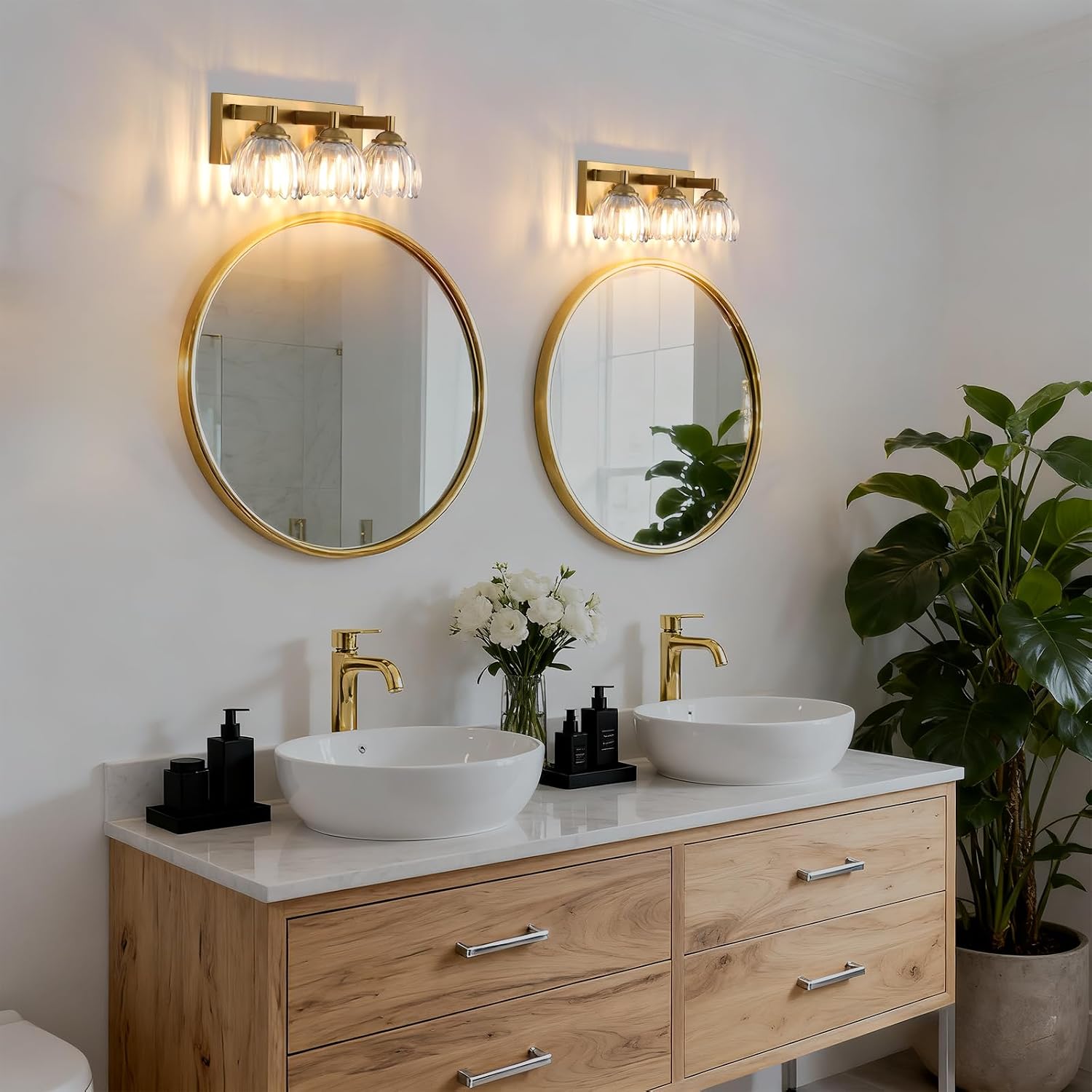 Bathroom Vanity Light Fixtures, 3-Light Brushed Gold Bathroom Light Fixtures Over Mirror, Antique Wall Lights with Clear Glass Glass Tulip Light Shade for Mirror, Kitchen, Hallway, Cabinet, Porch