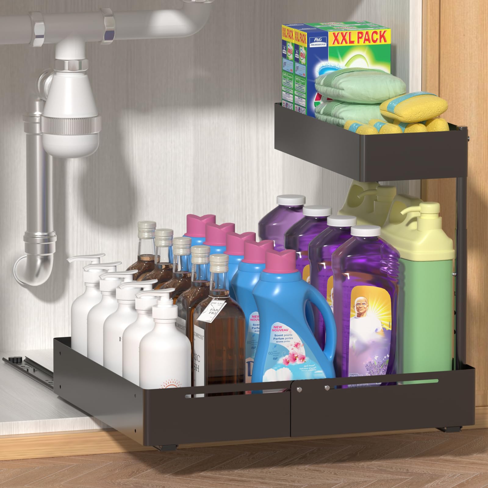YJHome Ausziehbare Spülschrank Organizer, Metall Unter Waschbecken Regal 2 Etagen, Verstellbare Breite Höhe, Herausziehen Under Sink Organizer für Küche, Bad, Unterschrank