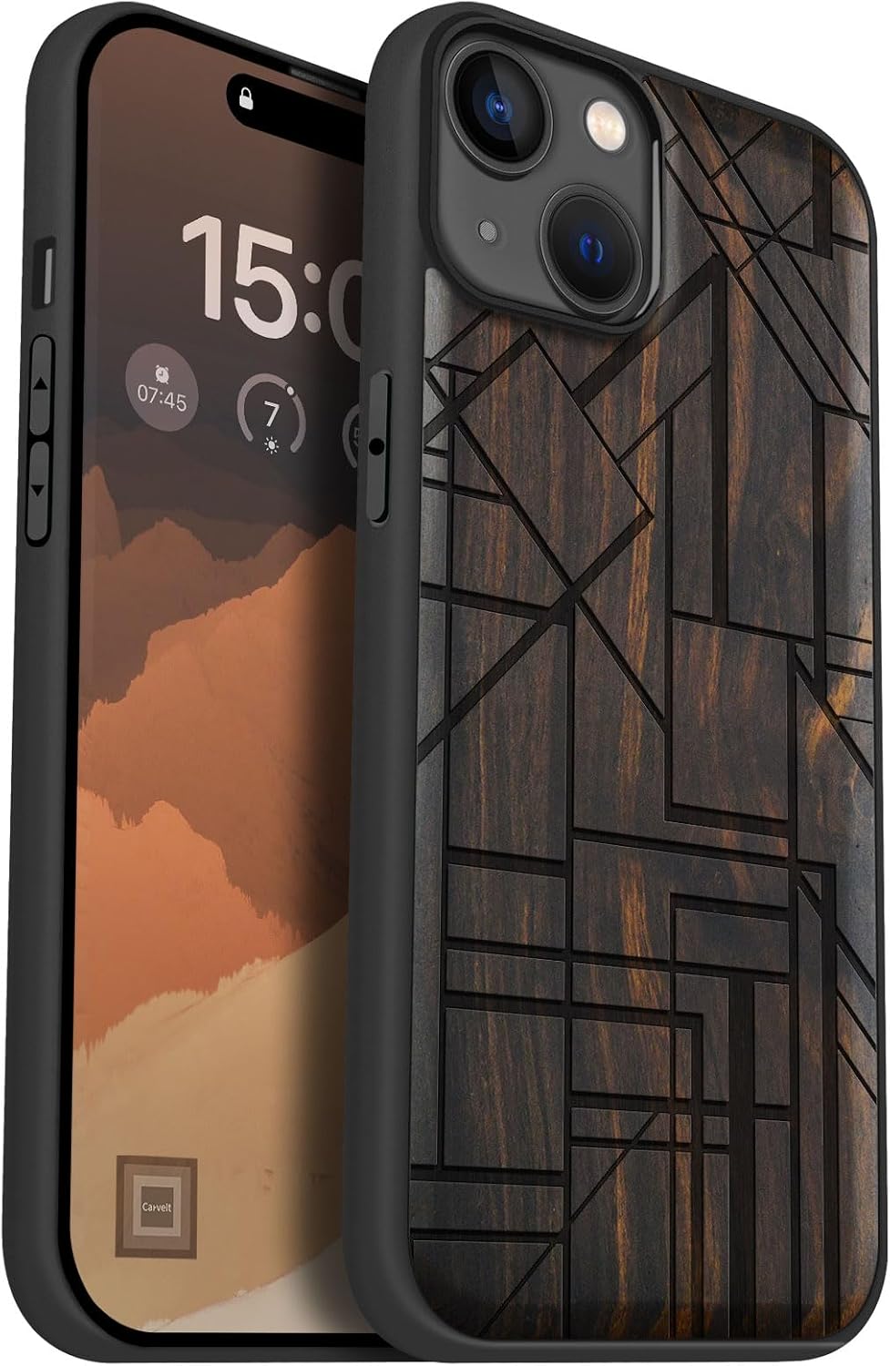 Carveit Magnetic Wooden Case for iPhone 15 Plus Case, Compatible with MagSafe Wireless Chargers, Black Soft TPU Shockproof Cover & Wood Artisan Engraved (Geometric Figure) - Blackwood