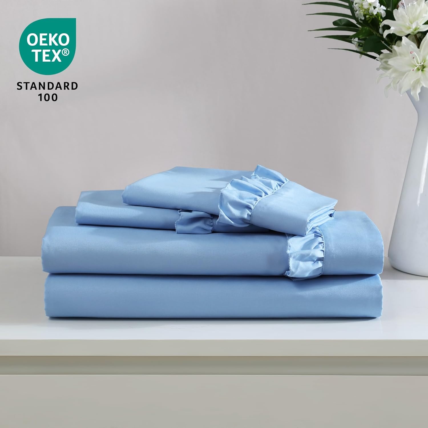 Swift Home Ultra-Soft Elegant 2-inch Ruffled Hem Design on Flat Sheet and Pillowcases, Wrinkle Resistant, Fade Resistant, Deep Pocket, Double Brushed 4-Piece Microfiber Sheet Set - Queen, Blue Bell
