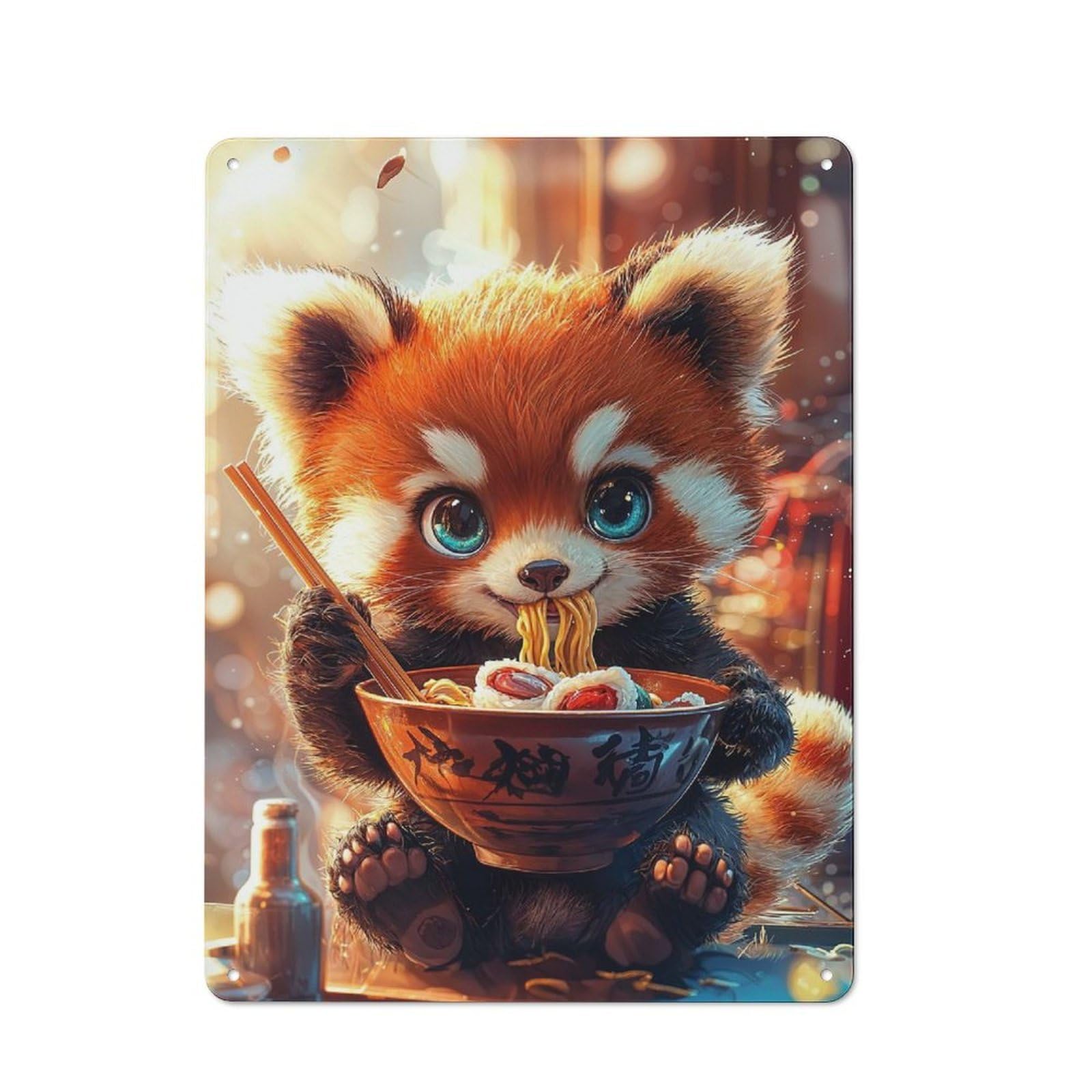 Junmoney Style-22 Tin Sign 40X30cm With Red Panda Eating Ramen For Workshop Wall, Rustic Decor, Suited To Workshop Decor Fans