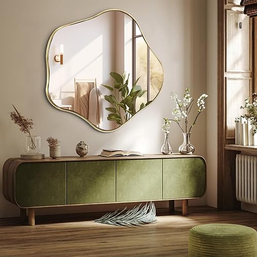 Espejo dorado de forma irregular, espejos asimétricos de 35 pulgadas para pared, espejo festoneado grande decorativo, modernos espejos redondos
