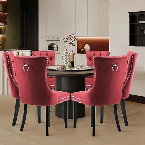 Miniatura 79 de Juego de 6 Sillas de Comedor Tapizadas en Terciopelo, Sillas Laterales de Cocina de Estilo Moderno con Ribete de Tachuelas y Patas de Madera, Anillo