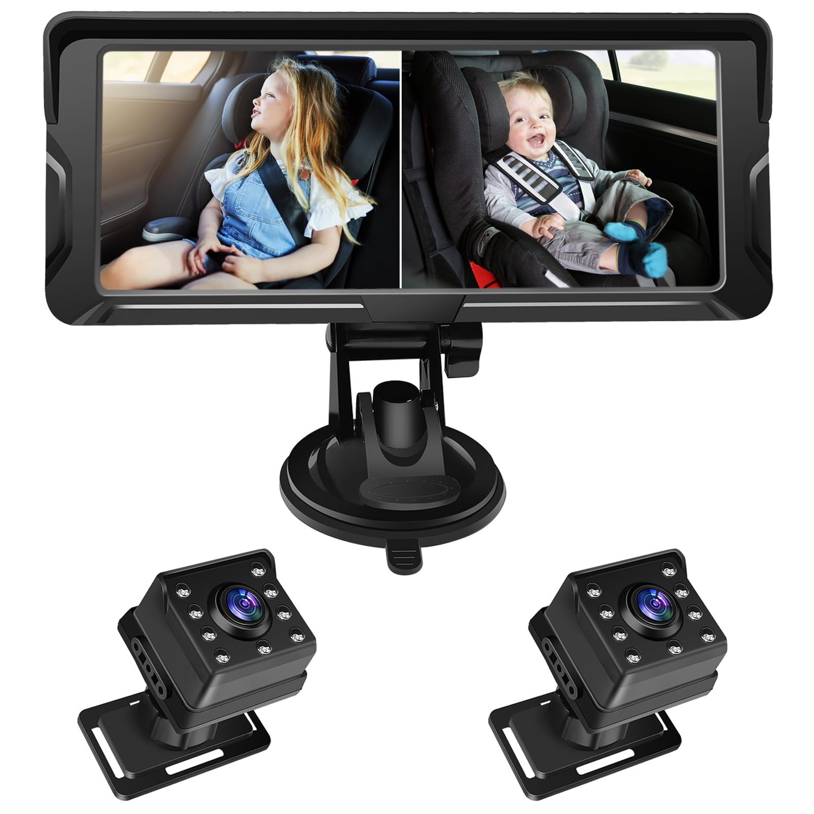 Mulcort 6.8 inch Baby Car Mirror Camera,Crisp 1080P HD Resolution, IR Night Vision, 360° Rotating Camera, 150° Wide Angle View, Easy Installation, Monitor 2 Children Simultaneously,