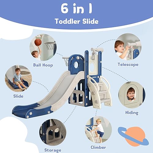 Miniatura 3 de Tobogán 6 en 1 para niños de 1 a 3 años, para interiores y exteriores, con aro de baloncesto, almacenamiento, escalador y telescopio, gran regalo