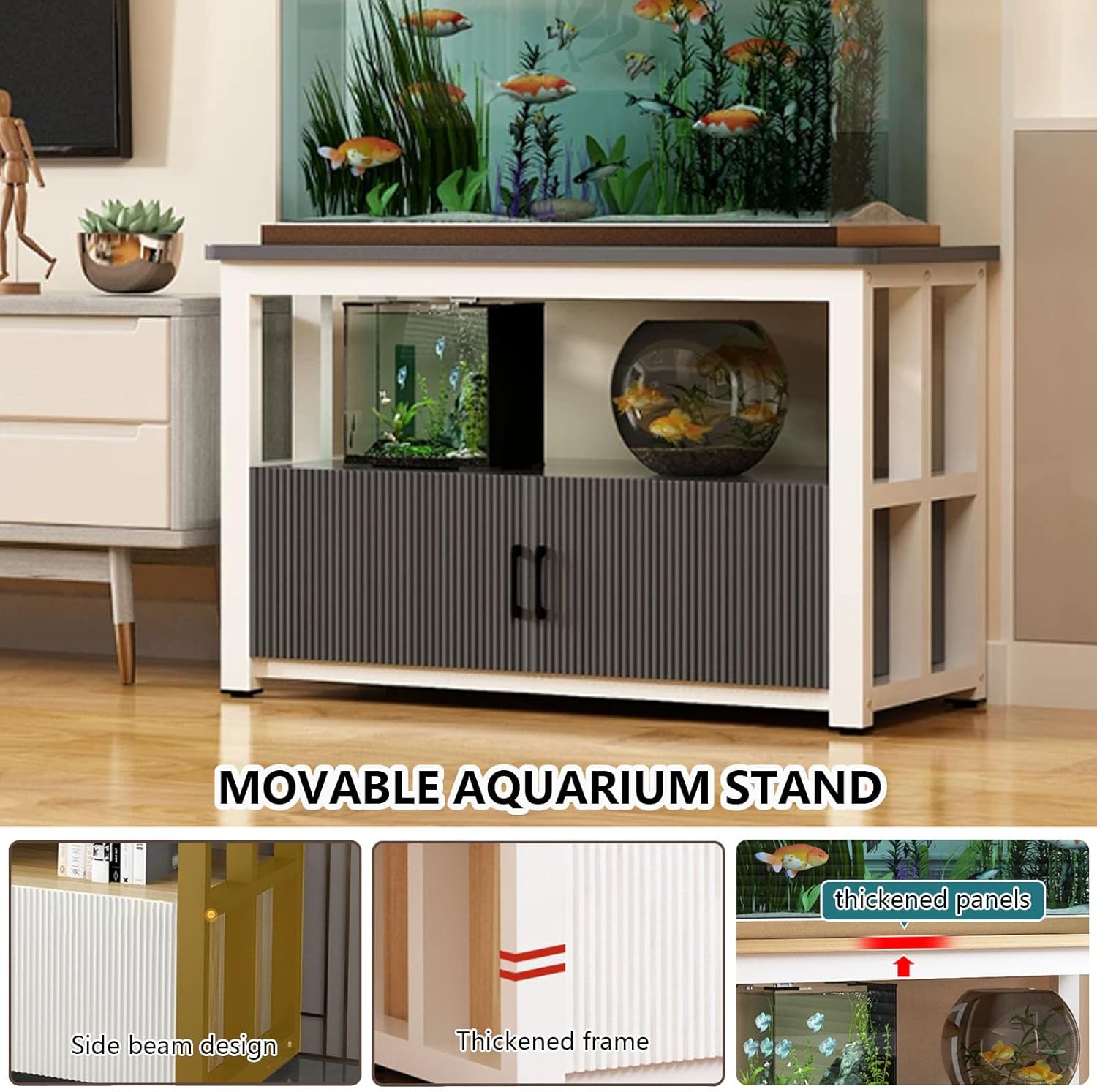 Aquarium Stand With Storage Cabinet Reptile Tank Rack Double-Layer Design Metal Frame Available In 50-120cm Heights Suitable for Living Rooms Entryways and Offices White + Walnut 100x50cm/39.4x19.7in