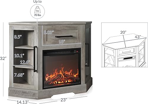 Miniatura 7 de BELLEZE Soporte de TV de esquina de 43 pulgadas con calentador eléctrico de chimenea de 18 pulgadas para televisores de hasta 43 pulgadas, moderno