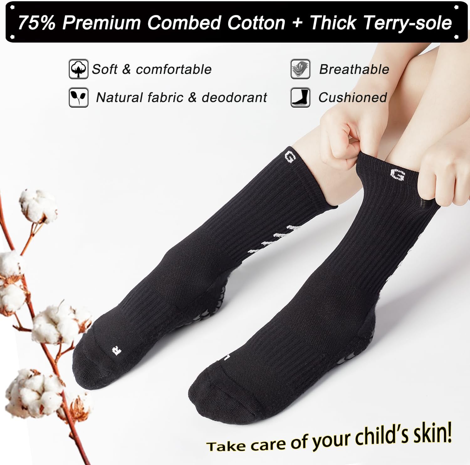 4-Pair 75% Cotton Grip Soccer Scoks Kids Youth Toddler Non-slip Sports Sock Football Basketball Rugby Yoga Pilates