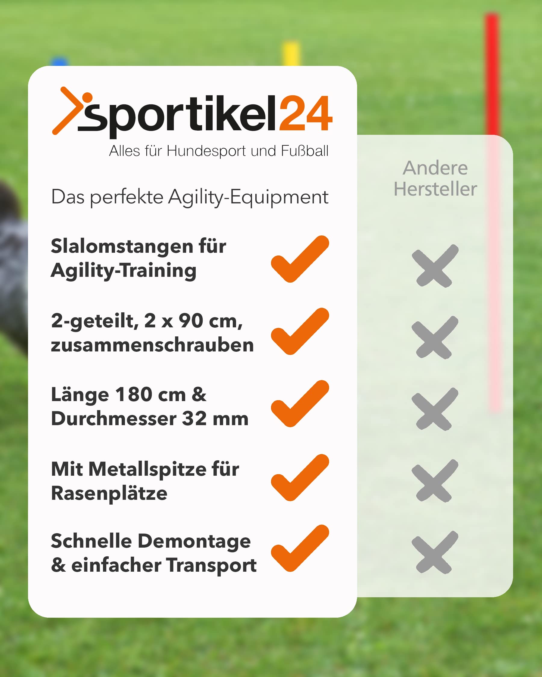 Slalomstangen 180 cm, ø 32 mm – 3er-Set – Trainingsstangen mit Metallspitze – Agility-Stangen – für Agility- & Koordinationstraining – für Fußball & Hundesport