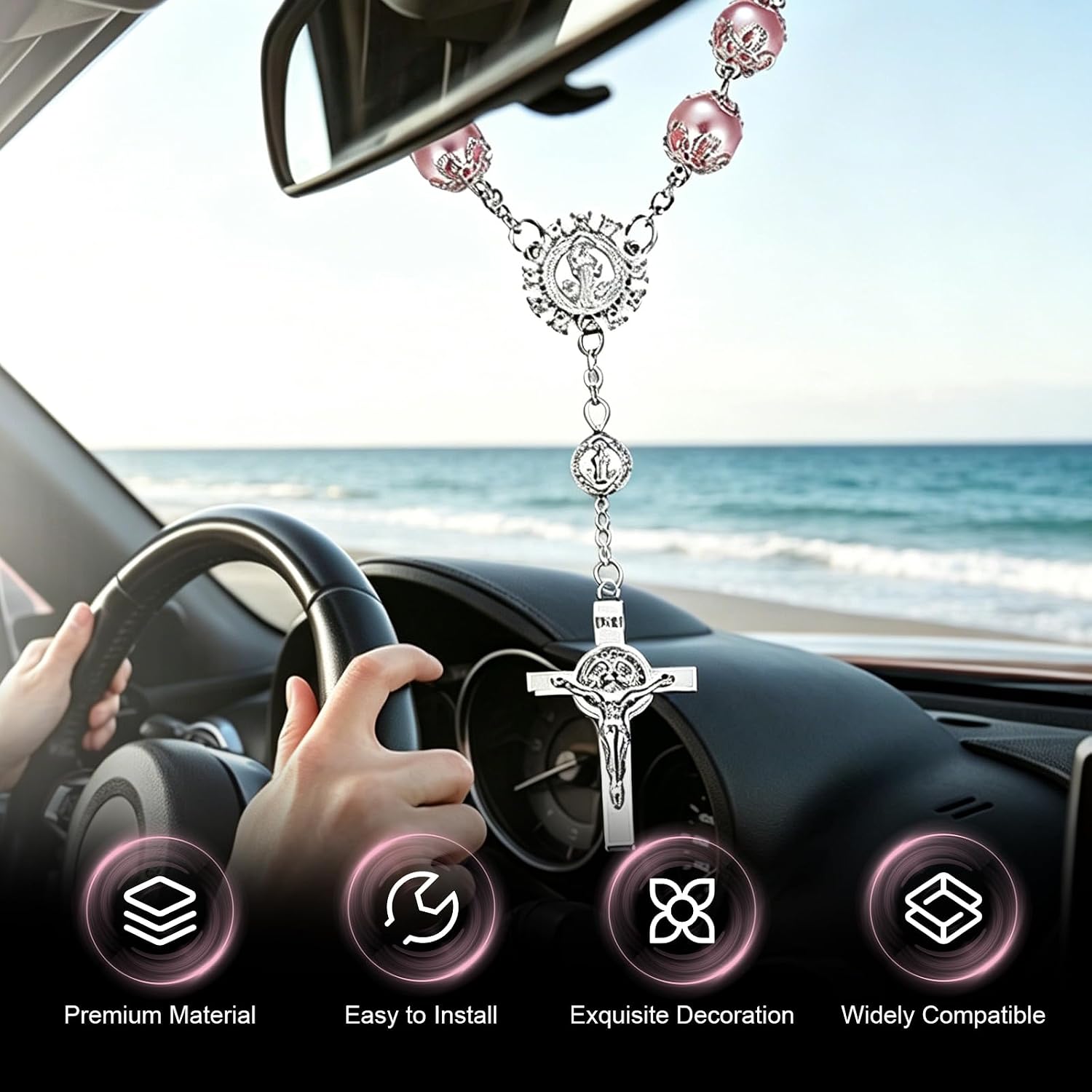 Car Rosary for Rearview Mirror, Personalized Cross Rosary Hanging Pendant, Auto Blessing Bead Mirror Hanger Ornament, Car Interior Hanging Accessories (Pink)