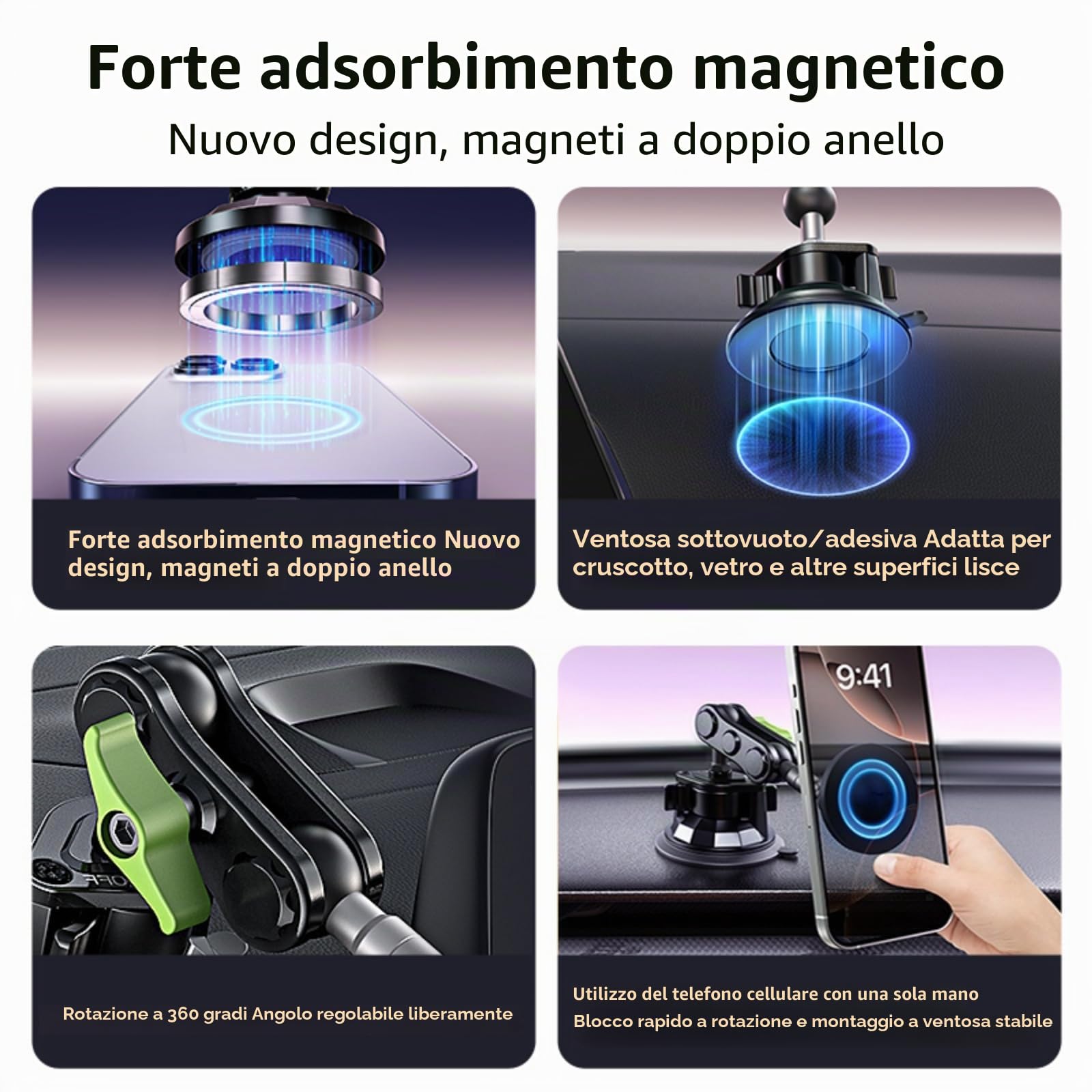 EMEBAY Supporto Magnetico per Auto, Lega di Alluminio Resistente al Calore | per Cruscotto/Parabrezza, Supporto per Telefono da Auto per Smartphone/Telecamere, Stabile, Anti-vibrazione a 360°