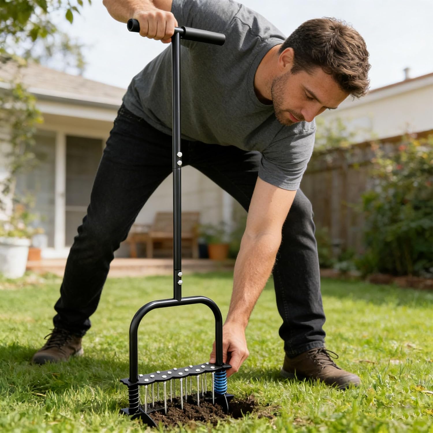 Effective Ground Aerating Device Using Automatic Clearing Springs and Robust Metal Frame for Dependability Ergonomic Yard Aerator