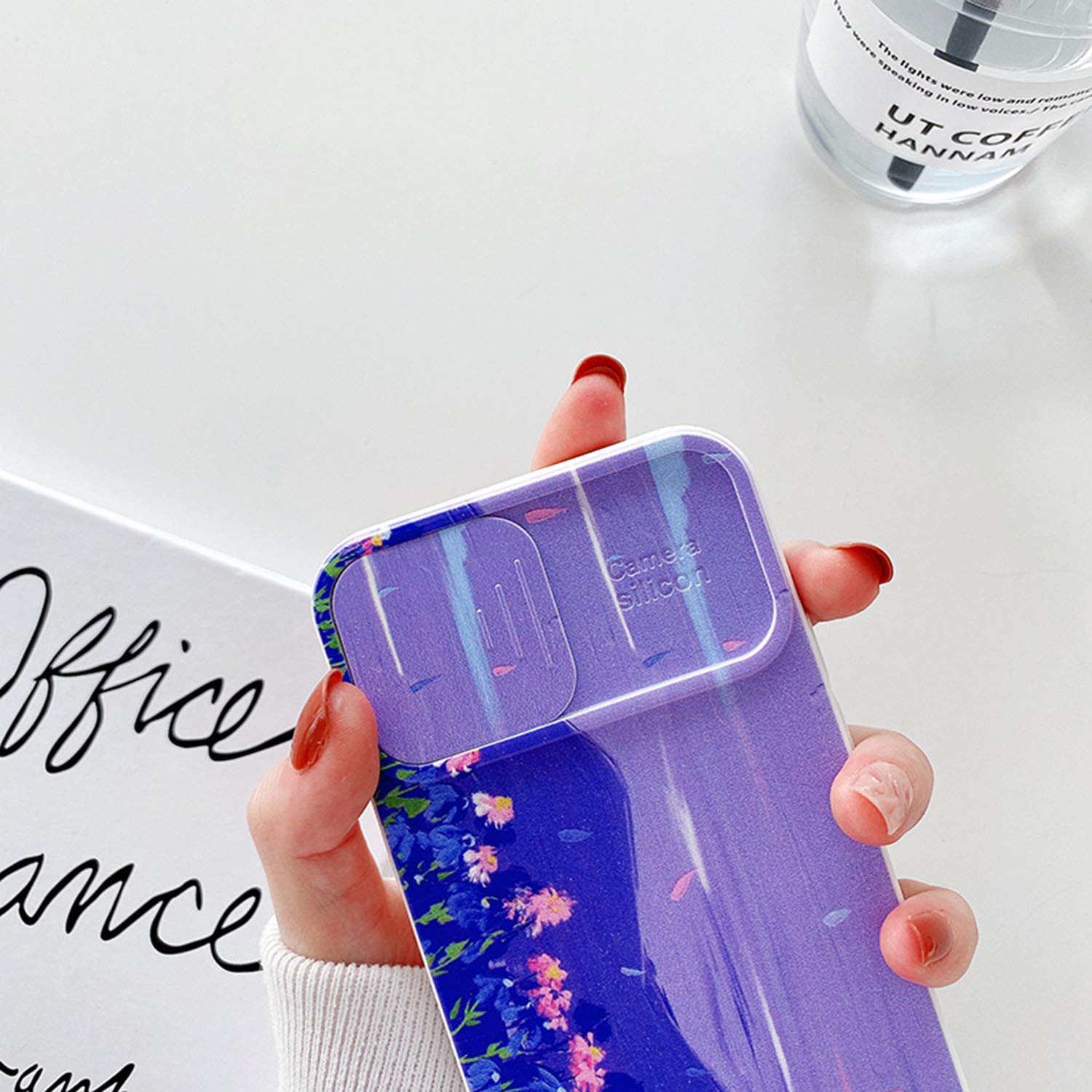 Tybiky, custodia protettiva per iPhone 11, decorata con veri fiori secchi, design sottile, struttura in TPU, cover compatibile con iPhone 11, 3 fiori viola e 1 bianco