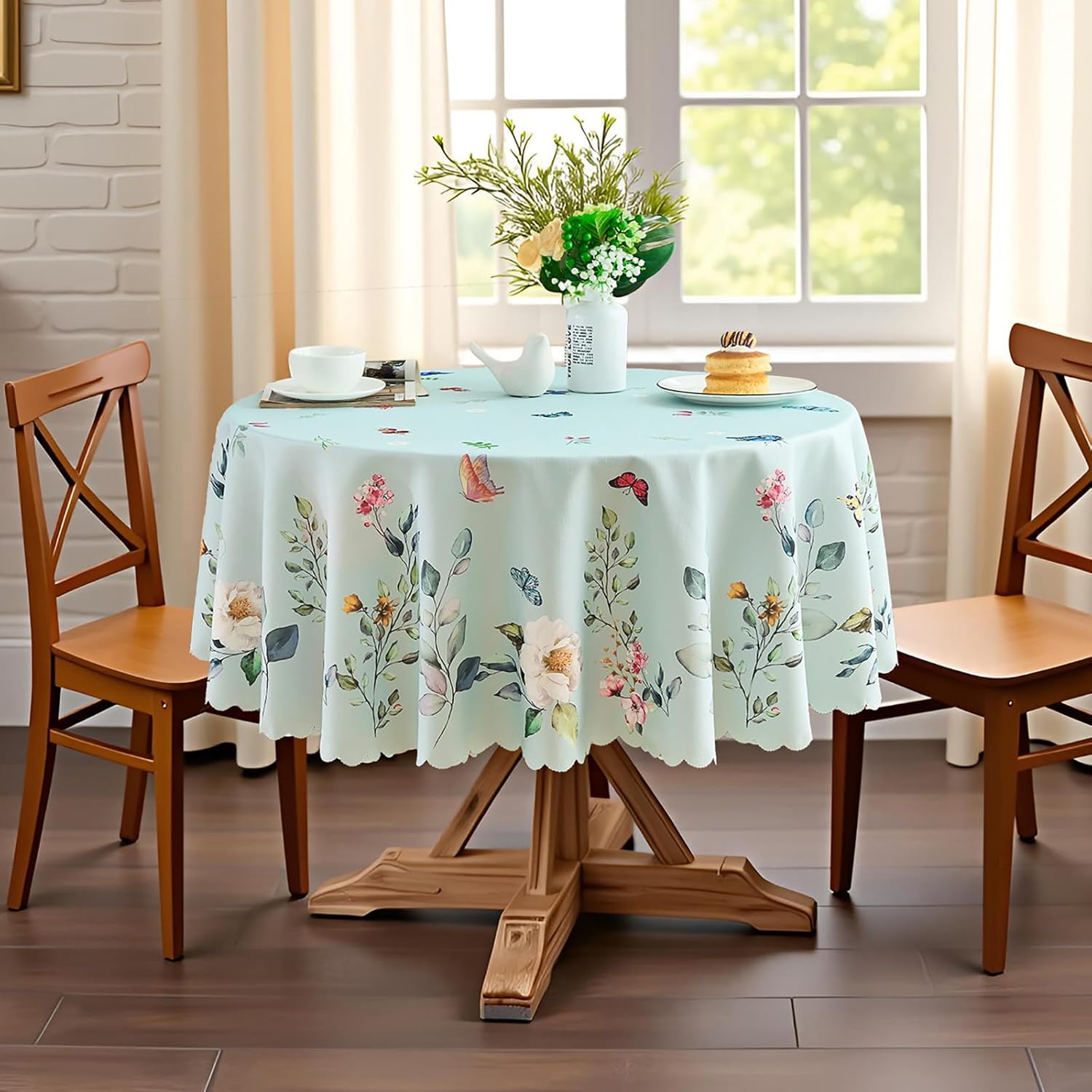 Round Tablecloth 60 Inch Spring Floral Table Cloth Scalloped Edge Silky Soft Light Fabric Waterproof Wrinkle Free Washable Table Cover for Kitchen Dining Outdoor Birthday Patio Party Decor (Green)