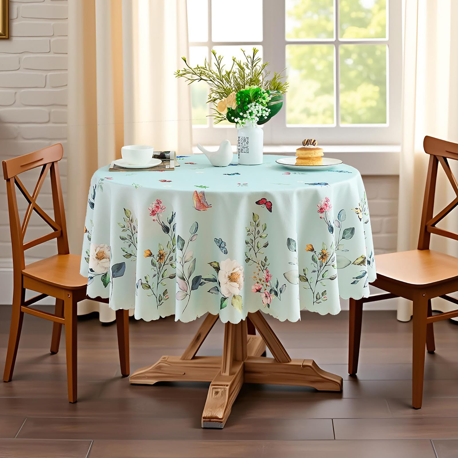Round Tablecloth 60 Inch Spring Floral Table Cloth Scalloped Edge Silky Soft Light Fabric Waterproof Wrinkle Free Washable Table Cover for Kitchen