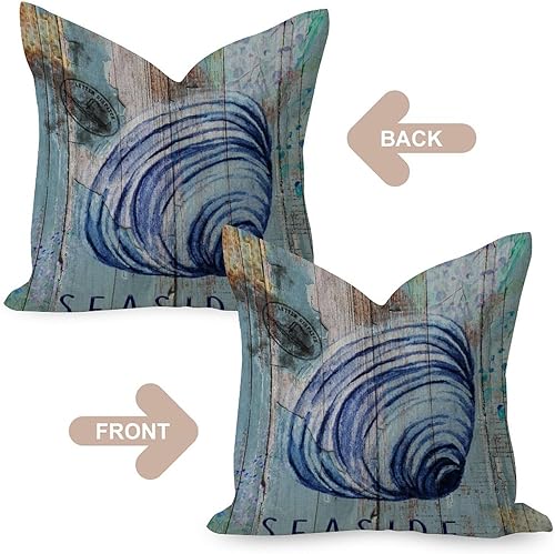 Miniatura 4 de Fundas de almohada de lino de arpillera con temática náutica de playa, conchas subacuáticas, para exteriores, 22 x 22 pulgadas, fundas de almohada