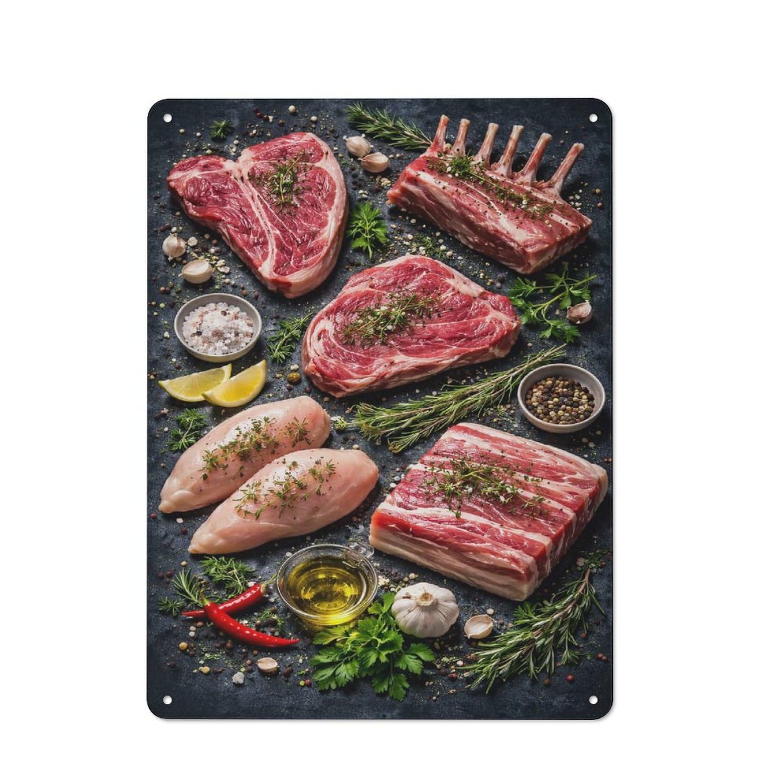 Junmoney Style-8 Retro Raw Meat Assortment With Herbs And Spices Decorative Metal Plaque 40X30cm, Shed Wall Plaque For Tool Room, Garage, Studio Or Home Bar