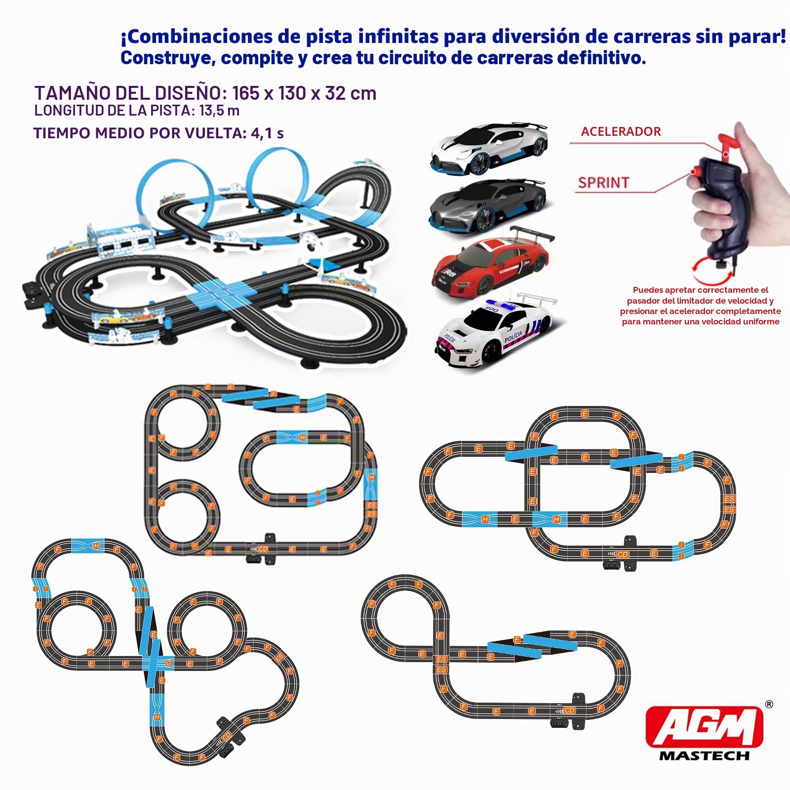 AGM MASETCH - Juego de pista doble de tranvía de alta velocidad, pista con 4 vehículos con licencia oficial de carreras de coches, viene con 2 controles manuales y piezas de pista y un contador de