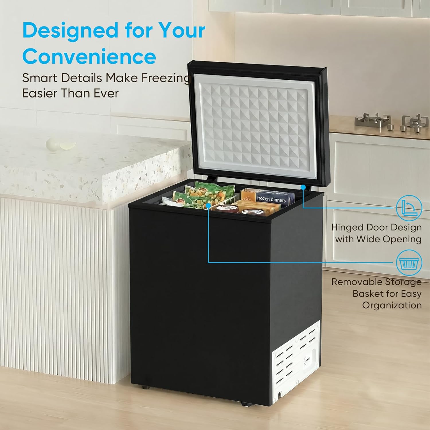 TABU 4.5 Cubic Feet Chest Freezer, Energy Saving Chest Deep Freezer with 7 Level Adjustable Thermostat, Top Opening Compact Freezer with Removable Storage Basket (Black)