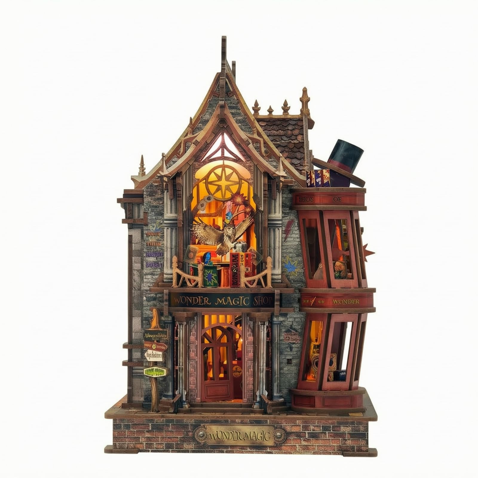 Casa en Miniatura con Luces Maqueta Kit Ornamento Madera Decorativo y Base Estable Adecuada para Escritorio Estantería Rincón de Lectura