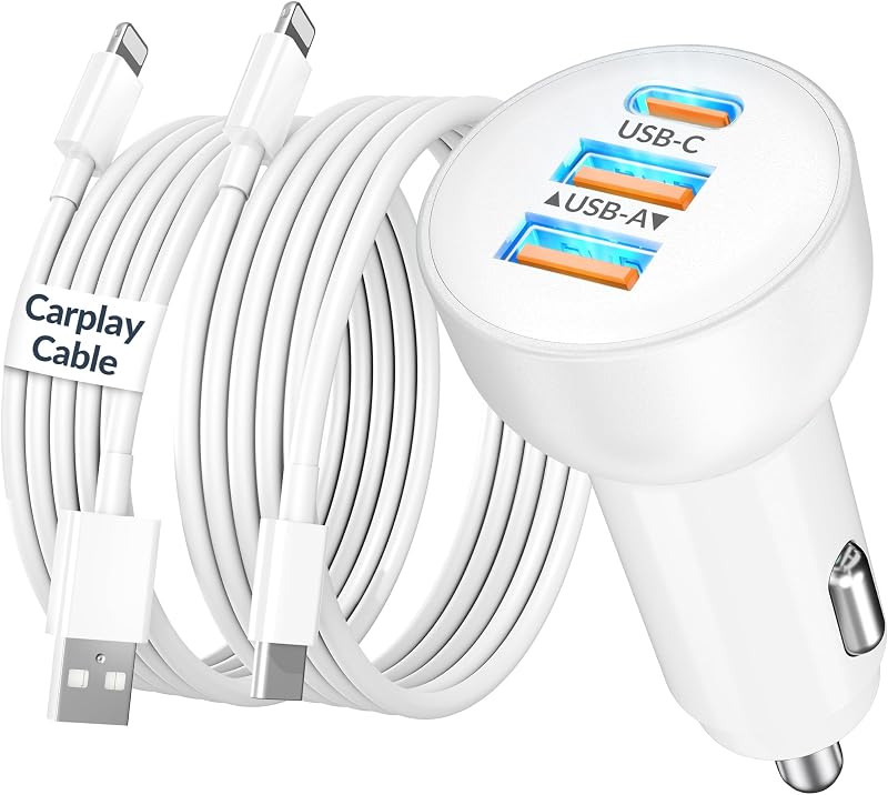 Carregador veicular YEAHFUN de 70 W com 3 portas USB-C e USB-A, PD 36 W, cabos Lightning e compatível com iPhone, iPad e AirPods