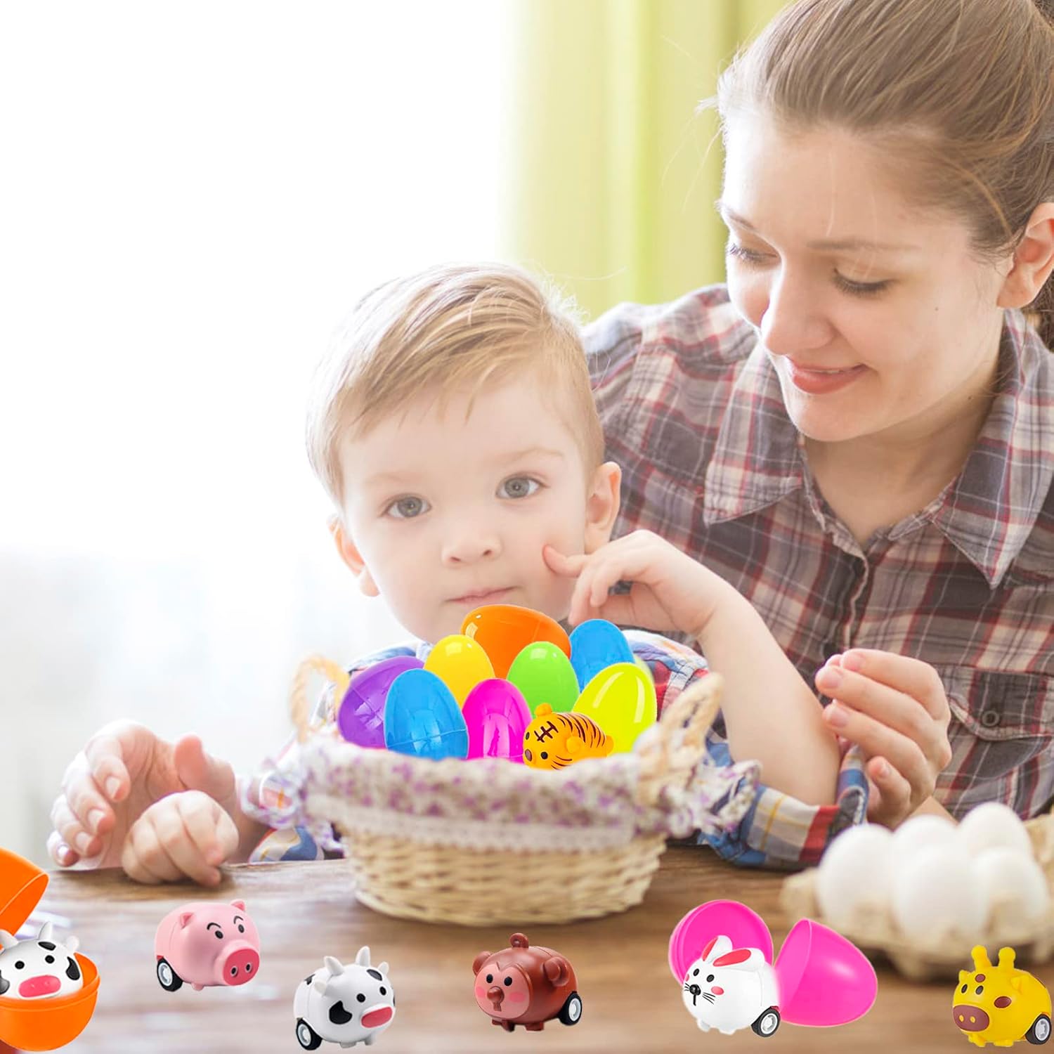 BAINFE 12PCS Easter Eggs with Pull Back Car Toys, Plastic Eggs with Cartoon Animal Vehicles for Kids Easter Egg Hunts, Easter Basket Stuffers Fillers, Easter Party Favor Classroom Prize Supplies