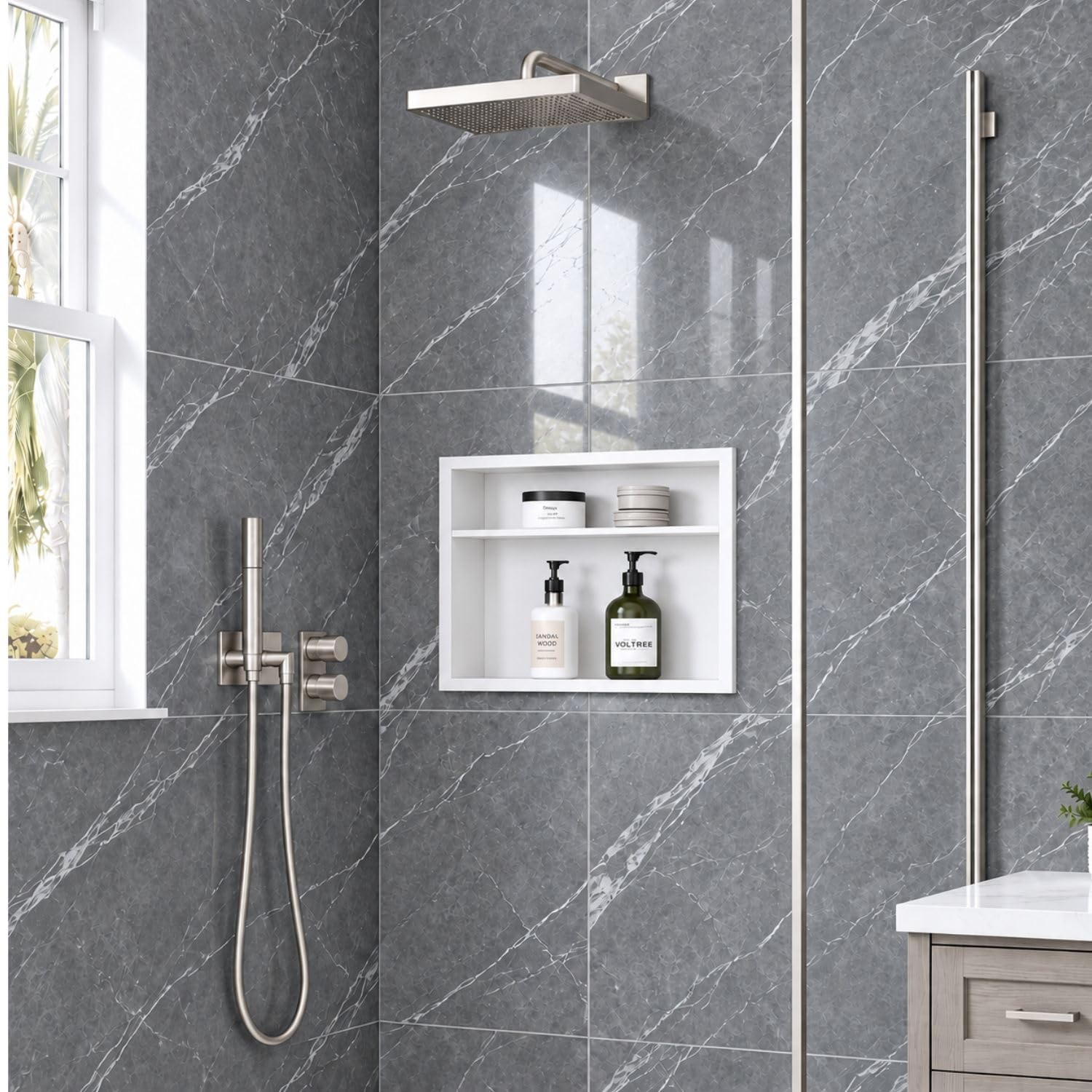 14 x 18 Inch Stainless Steel Shower Niche, No Tile Needed Wall Niche with Double Shelves, Recessed Wall Niche Insert for Bathroom Shower Kitchen Storage, Matte White