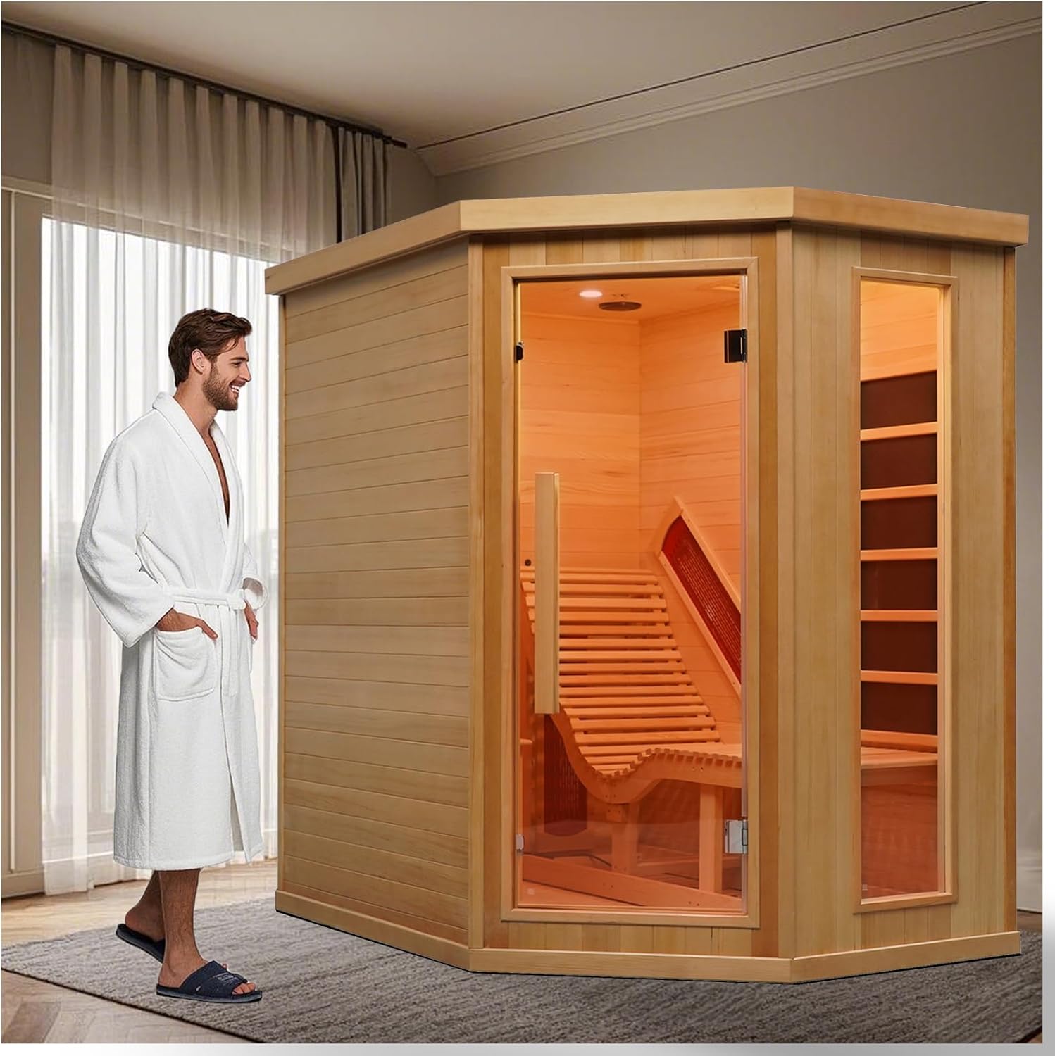 Smartmak Far Infrared Wood Sauna, 1 or 2 Person Full Spectrum Red Light Therapy Luxury Recliner Home Corner Sauna, Indoor Canadian Hemlock Dry Spa, 2300W with 8 Heaters, Speakers, Lights, Oxygen Bar