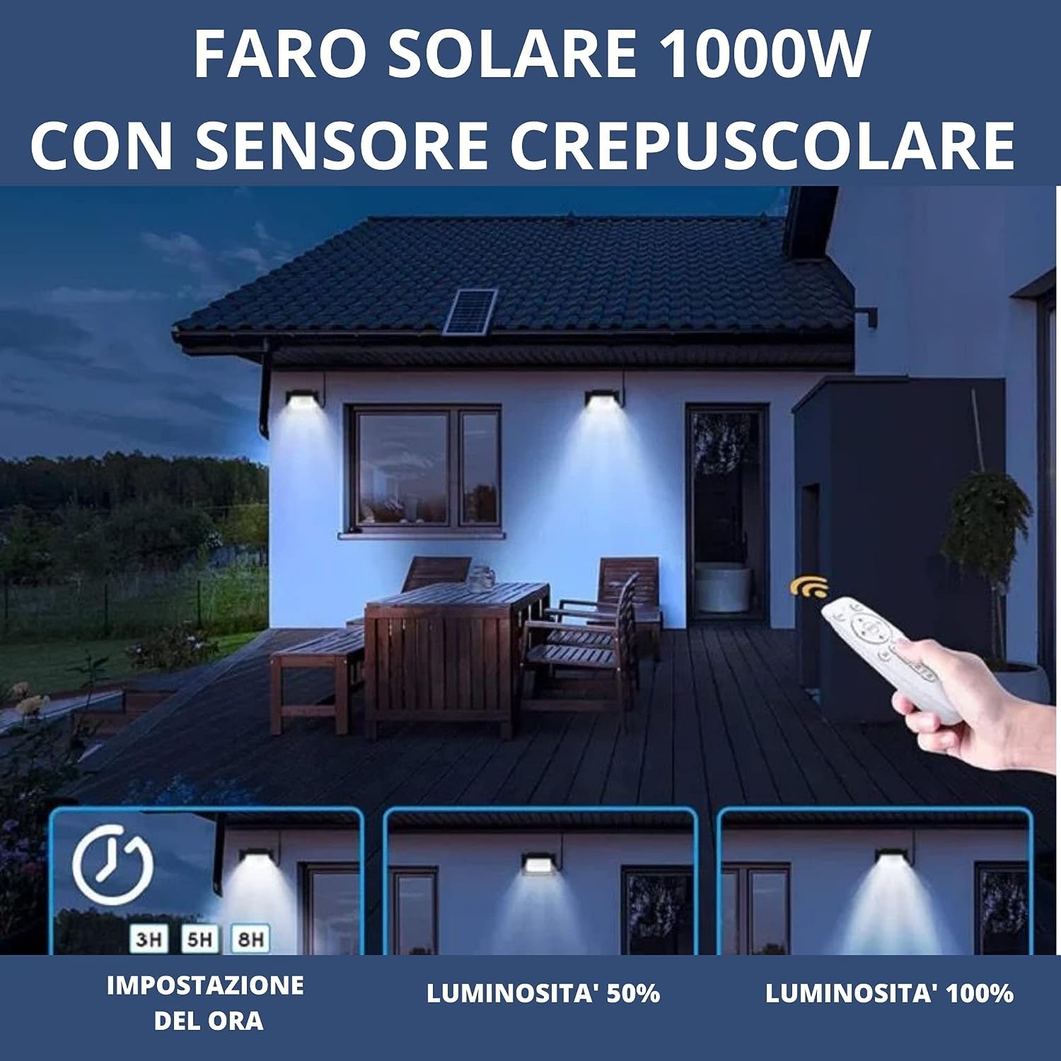 DE ROSA SHOP Faro Led Esterno con Pannello Solare, 3 Pezzi Faretto a Led da Giardino 1000w con Sensore Crepuscolare e Telecomando, Faretto Solare Impermeabile IP66.