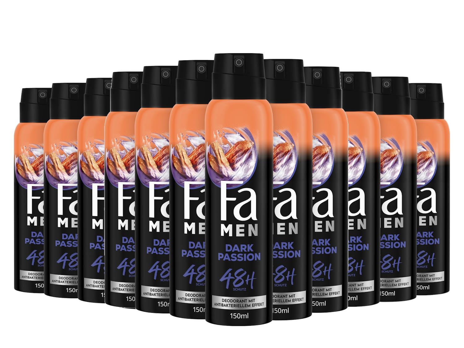 Fa Desodorante y spray corporal Men Dark Passion (12 x 150 ml), desodorante en spray con aroma fresco y sensual, desodorante sin aluminio para una protección de hasta 48 horas, no deja residuos de