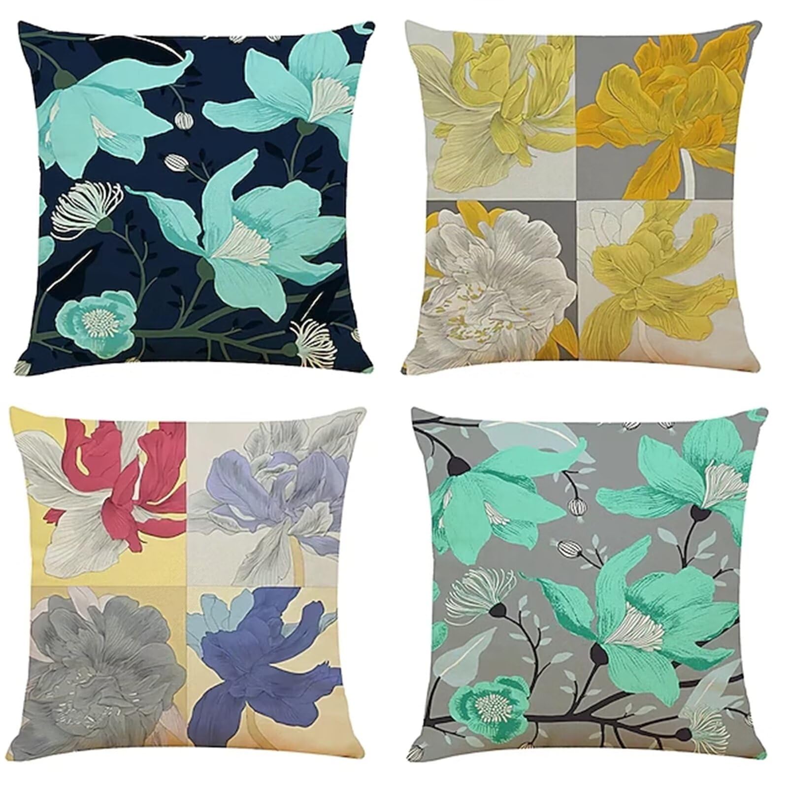 Juego de 4 Impermeable Funda de Cojín Hermosas Flores de Rompecabezas,55x55cm Moderno Suave Lino Fundas de Almohada Cojines Decor con Cremallera Oculta para Exterior Sofá Cama Coche Hogar