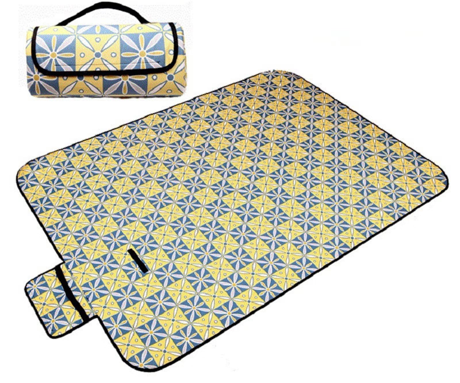 Manta Picnic Impermeable 200x300cm,Lavable Picnic Blanket,Ultrasónica Mantel Picnic,con Mango Multifunción para Acampar Playa Parque de Senderismo,Flor geométrica Amarilla