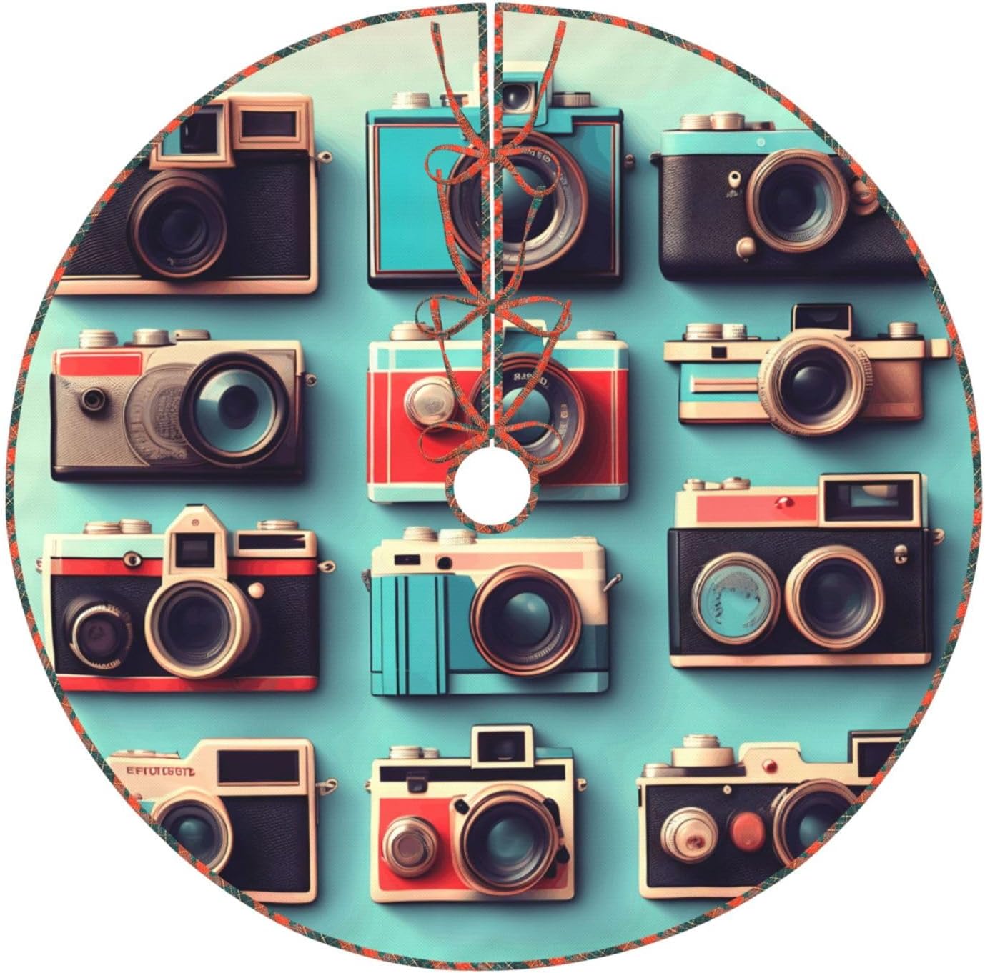 Retro Cool Camera Collection Print Christmas Scalloped Tree Skirt, Farmhouse Style Tree Carpet for Xmas Indoor Holiday Decor