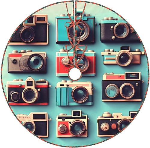 Retro Cool Camera Collection Print Christmas Scalloped Tree Skirt, Farmhouse Style Tree Carpet for Xmas Indoor Holiday Decor