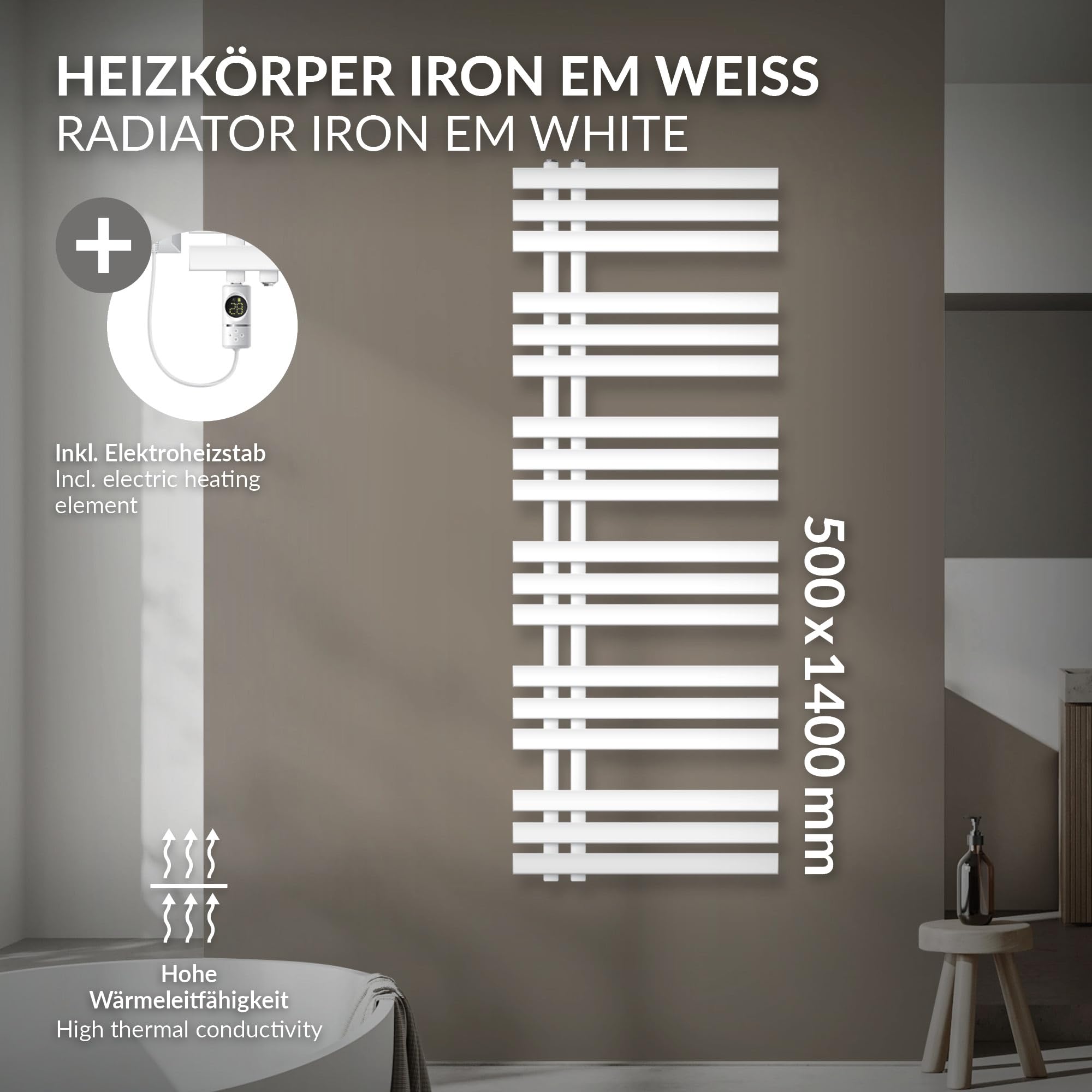 LuxeBath Radiador Eléctrico Iron EM 500 x 1400 mm Blanco, Estufa Toallera Vertical con Elemento Calefactor 1200W Termostato de Pantalla Digital, Calentador de Pared de Diseño Moderno para Baño