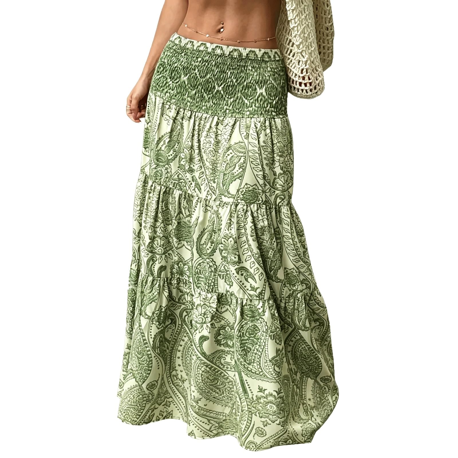 DUddTTW Women's Maxi Skirts A-line High Waisted Midi Long Skirt Printed Floral(Gr�n,Lagre)