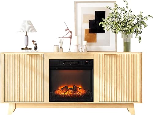 Miniatura 7 de VINGLI Soporte de TV con chimenea para televisores de hasta 70 pulgadas, centro de entretenimiento acanalado con calentador de chimenea eléctrico y