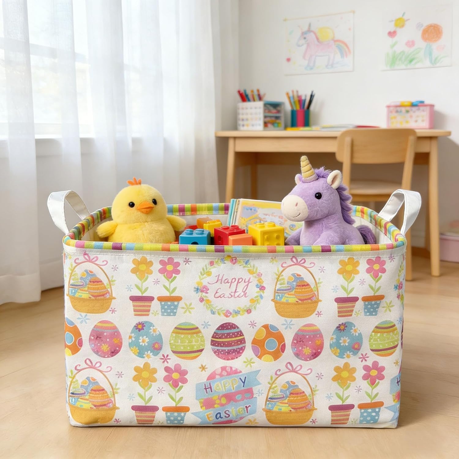 Easter Storage Basket, 4 Pack Egg Pattern Basket for Gifts Cute Foldable Waterproof Lining Collapsible Organizer with Handles for Home Closets Shelf Offices,Bedrooms,Dorm Toy Storage