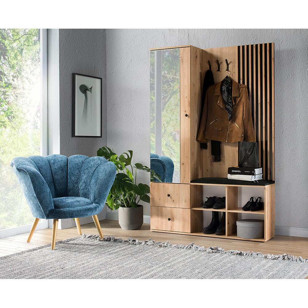 Lomadox Garderoben Set Flurgarderobe Kompaktgarderobe mit Garderobenschrank Spiegel Schuhregal Sitzkissen Eiche mit schwarz