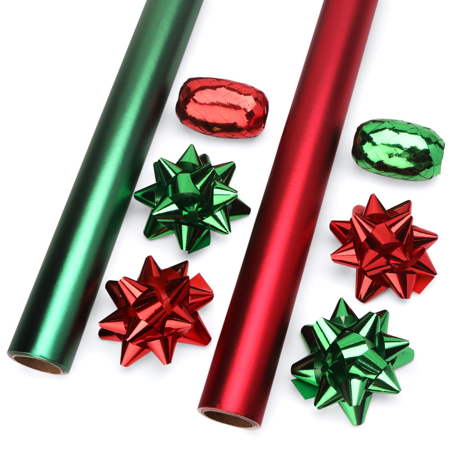 Ribbli Christmas Wrapping Paper Set, 2 Rolls Red and Green Metallic Matte Solid Color Paper with Curling Ribbon and Gift Bow for Birthday Christmas,